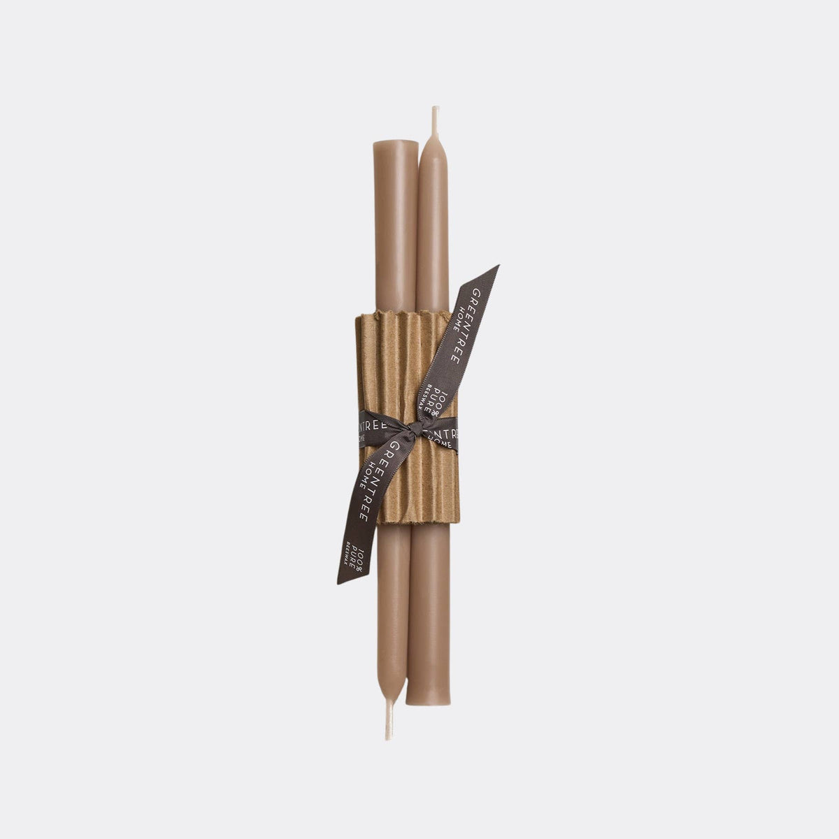 Two brown taper candles wrapped together with a textured gold paper band and a black ribbon printed with the brand name 'SOLIS' on a light gray background.