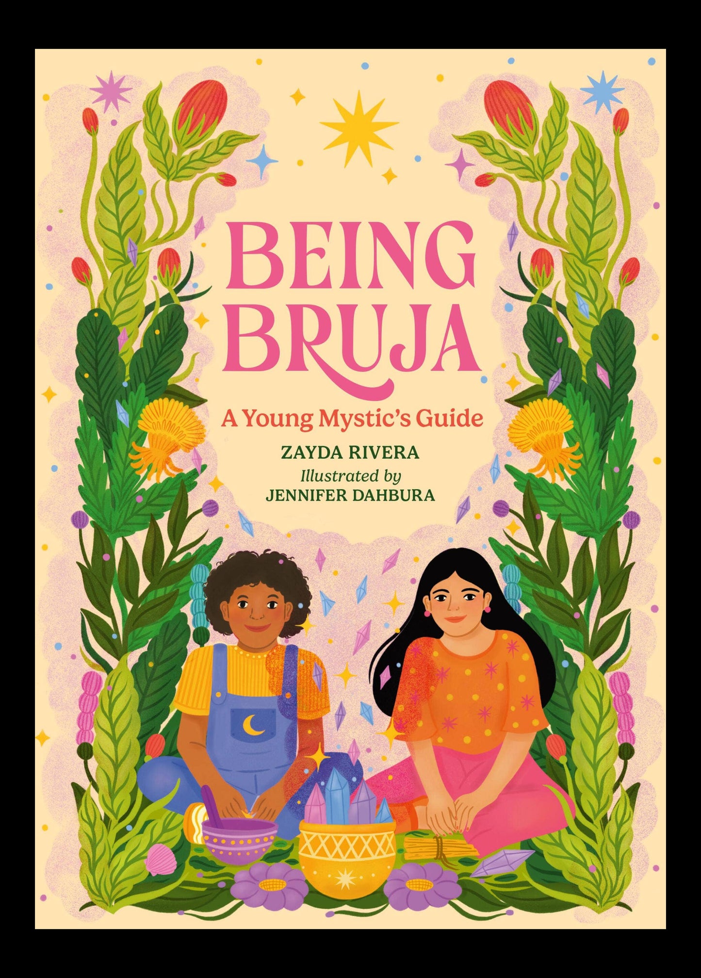 Book cover of 'Being Bruja' with two women and floral elements on a pink background