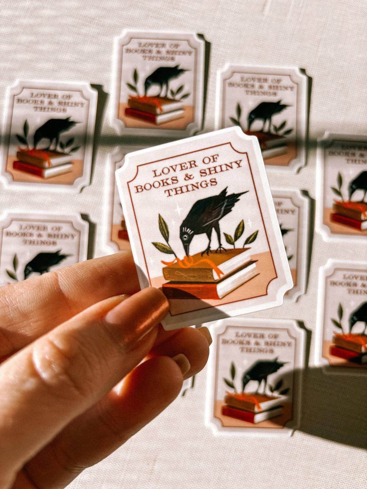 Sticker with a design of a bird, books, and text 'Lover of books & shiny things' held by a hand.