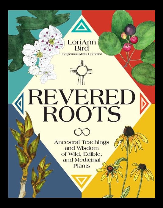 Book cover of 'Revered Roots' with illustrations of plants and geometric design elements.