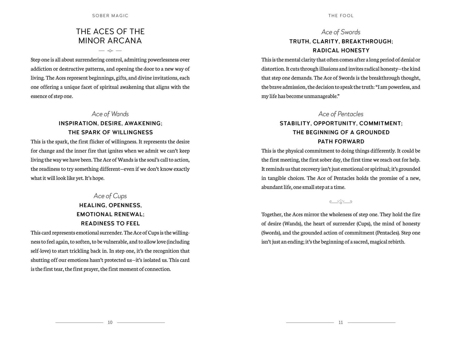Page from a book titled 'The Aces of the Minor Arcana' with text on cards like Ace of Swords and Ace of Pentacles.