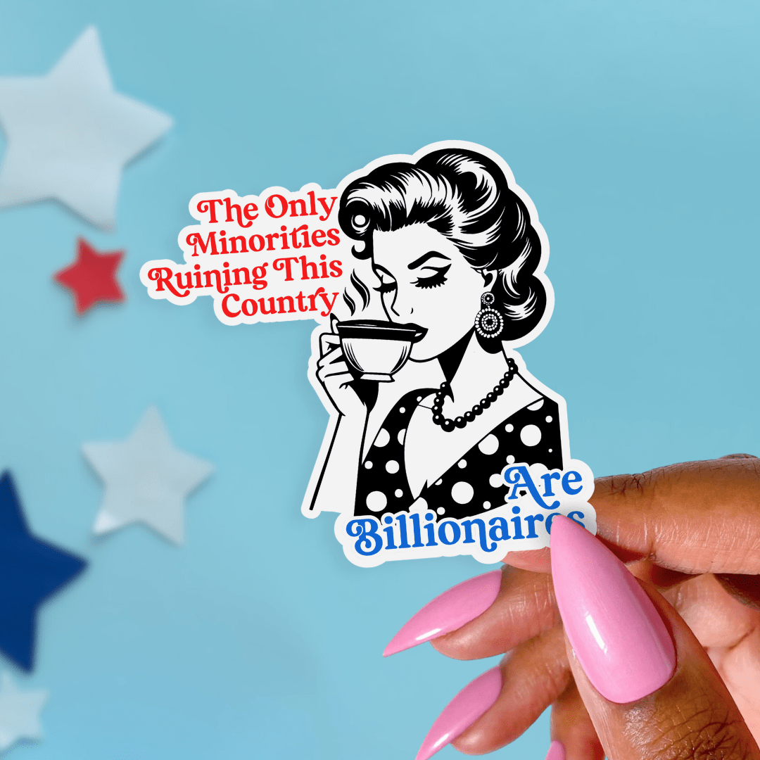 Sticker with a woman holding a coffee cup and text on a blue background with star decorations.