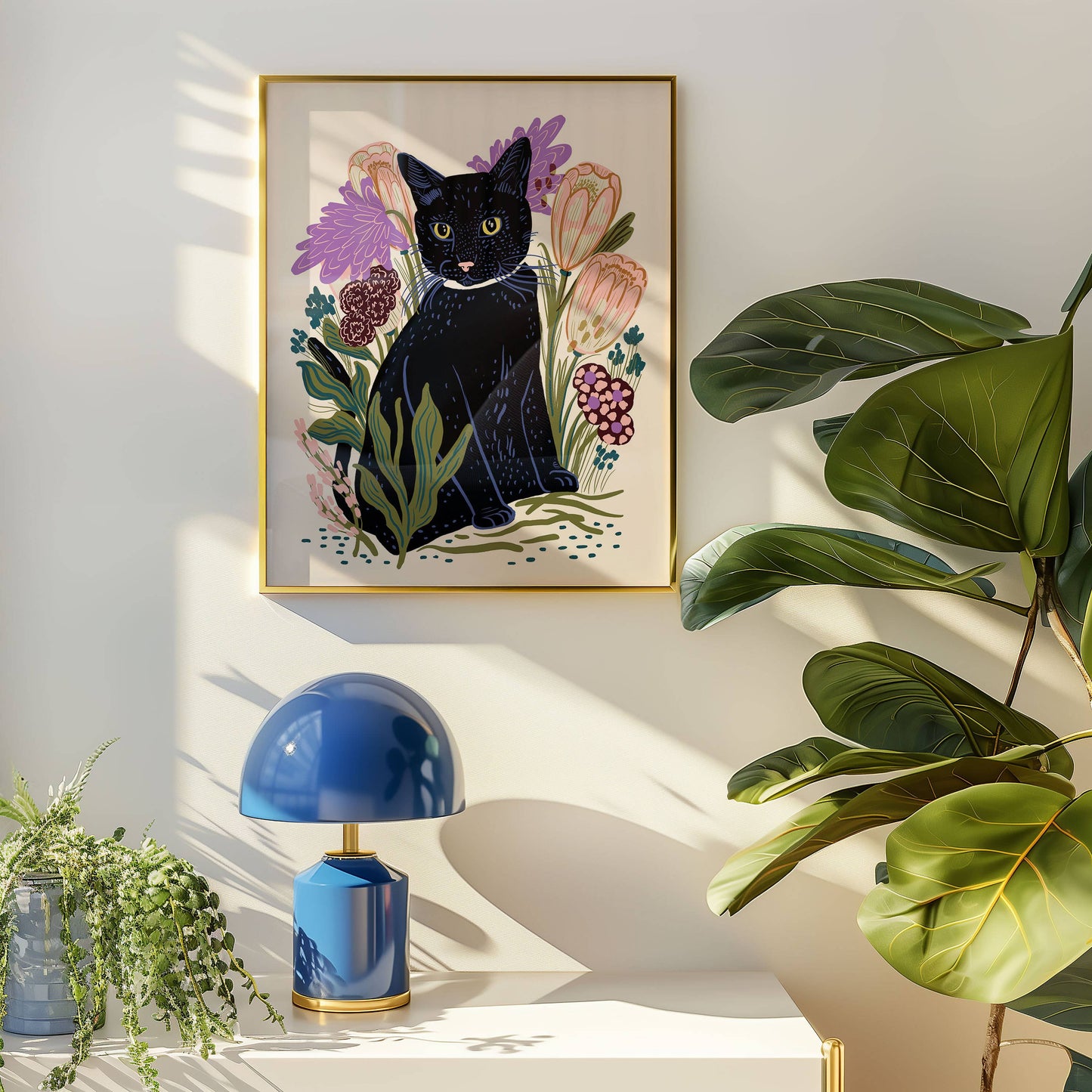 Black Cat print surrounded by colorful flowers.