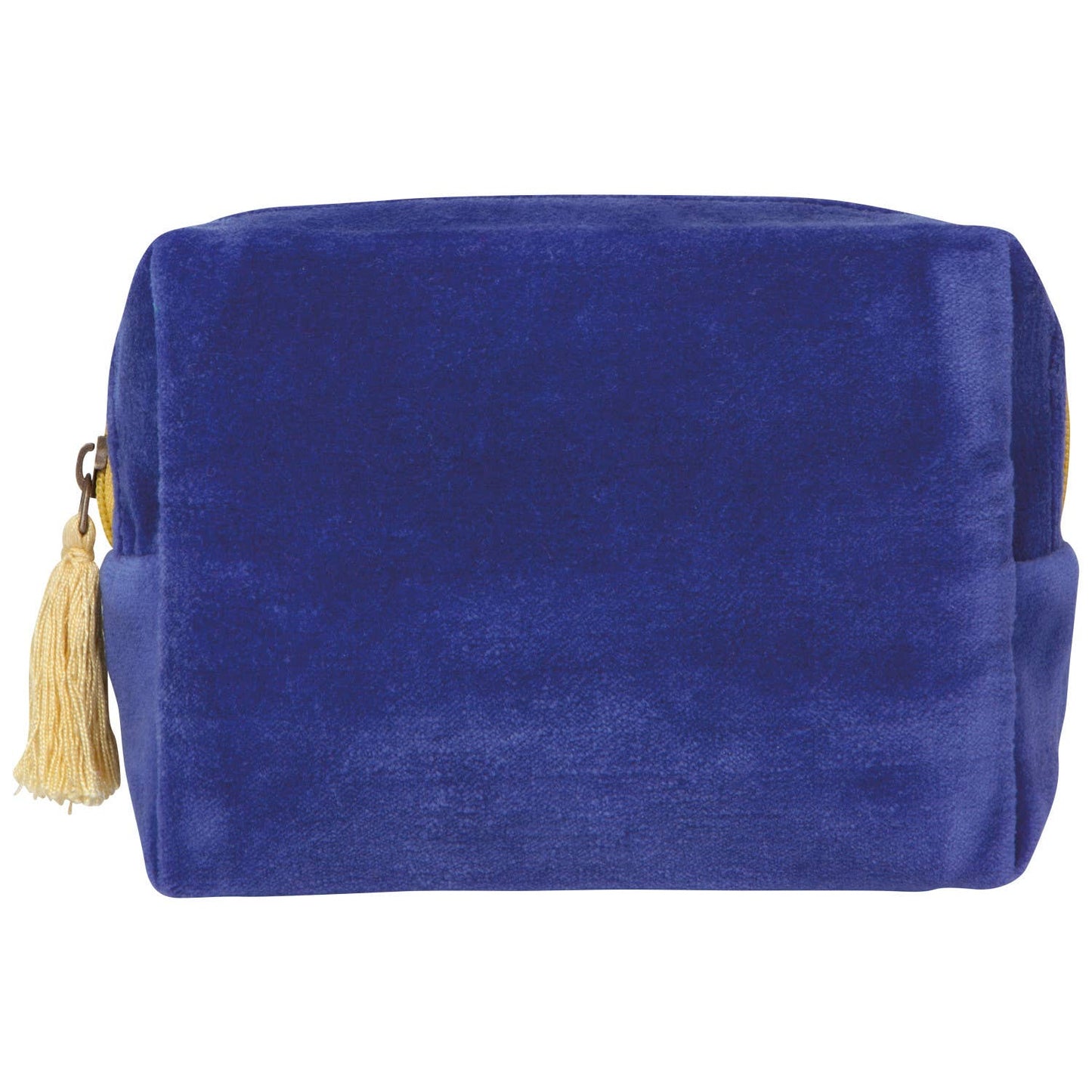 Blue velvet pouch with a yellow tassel on a white background