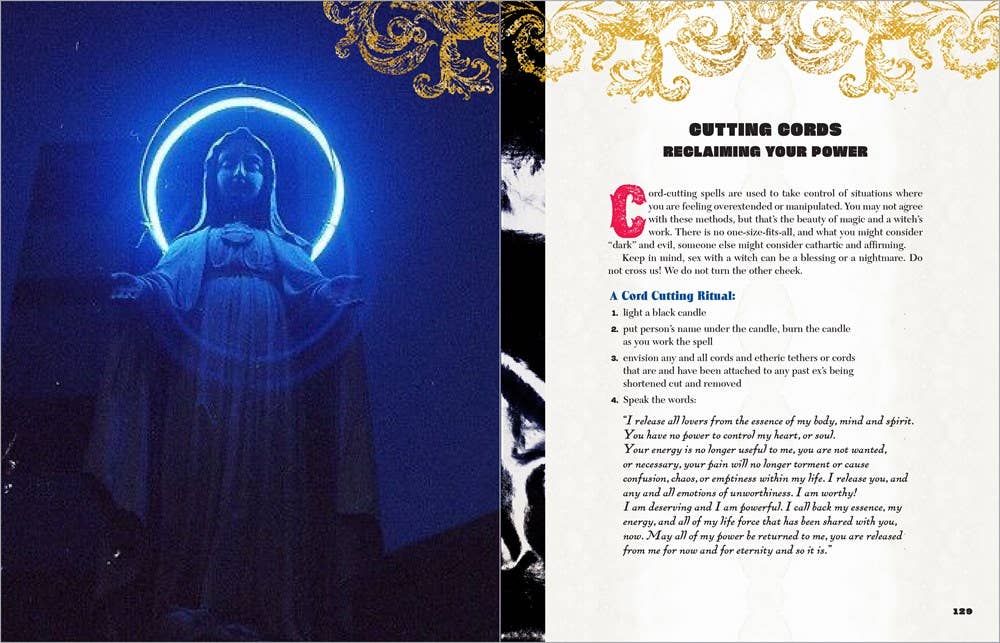 Glowing blue figure with ornate gold design on a page with text and illustrations.