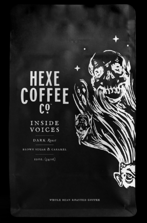 Hexe Coffee Co. packaging with a ghost illustration on a black background