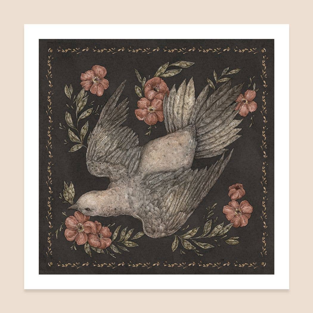 Decorative print with a dove and flowers on a dark background