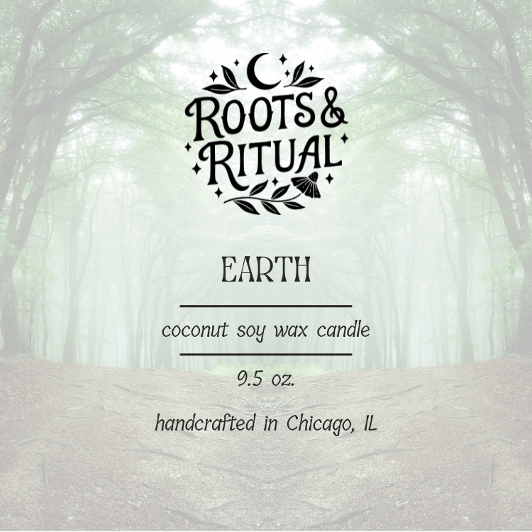 Roots & Ritual candle label with forest background