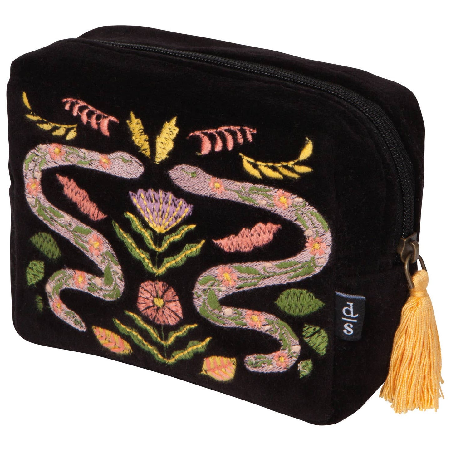 Black pouch with colorful embroidery and a yellow tassel on a white background