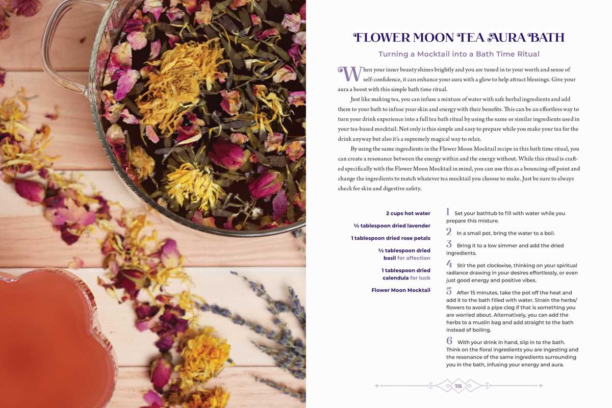Tea leaves and flowers in a glass bowl with text on a wooden surface
