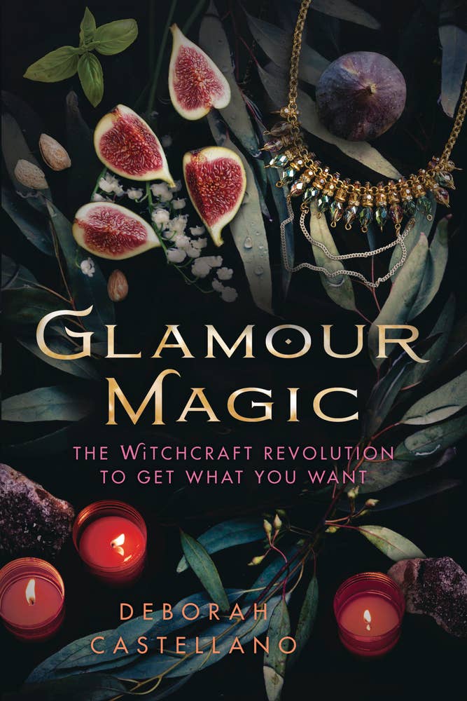 Book cover of 'Glamour Magic' with figs, candles, and jewelry on a dark background