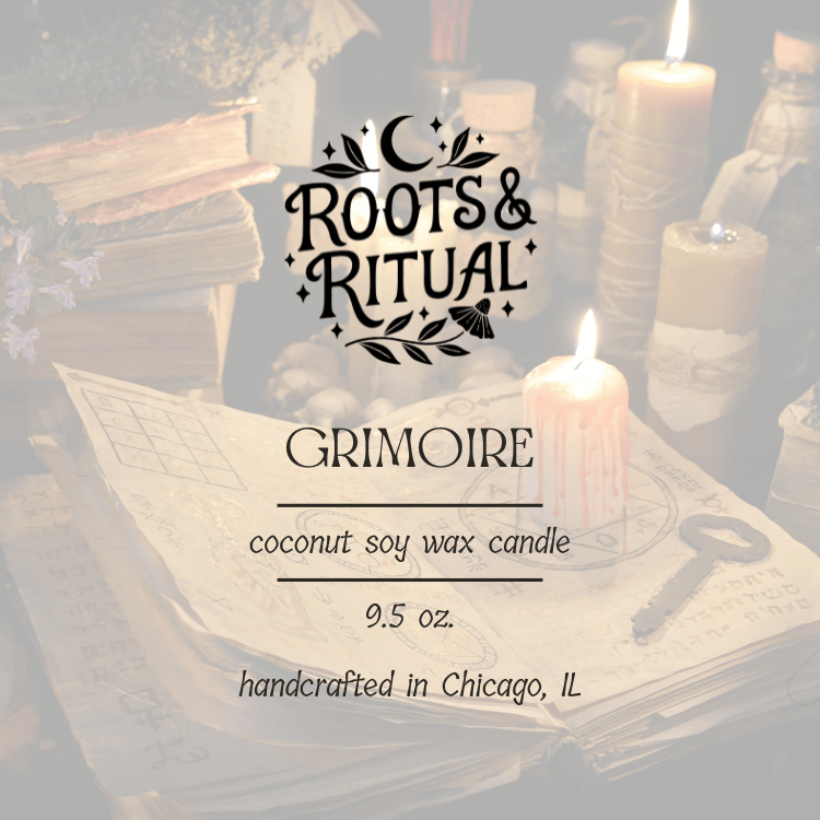 Candle with 'Roots & Ritual' branding on a mystical background with candles and books.