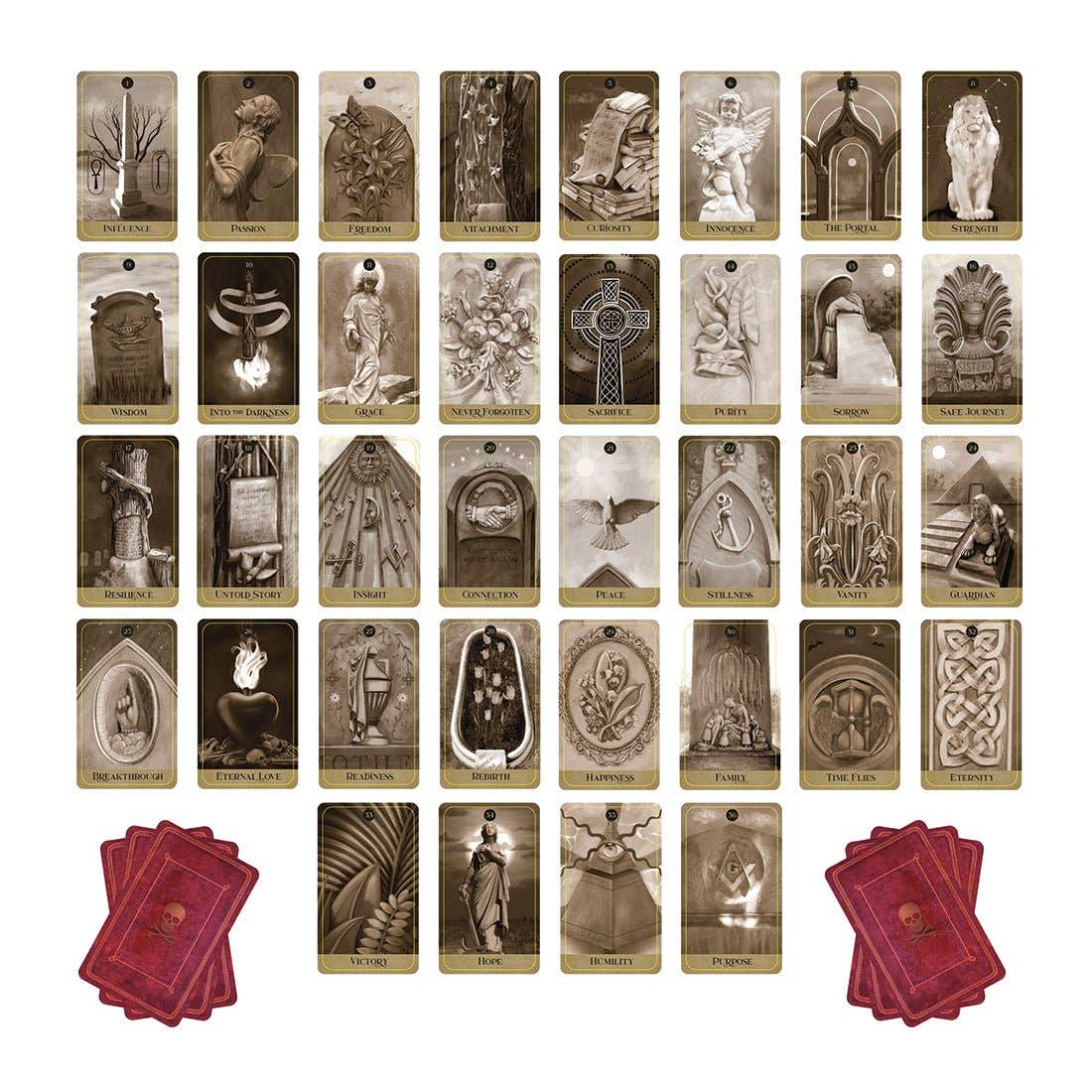 Collection of tarot cards with intricate designs on a white background