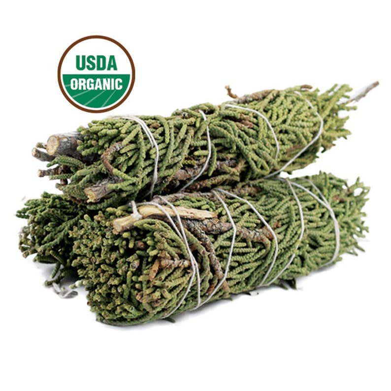 Two bundles of green twigs tied together with a USDA Organic label on a white background