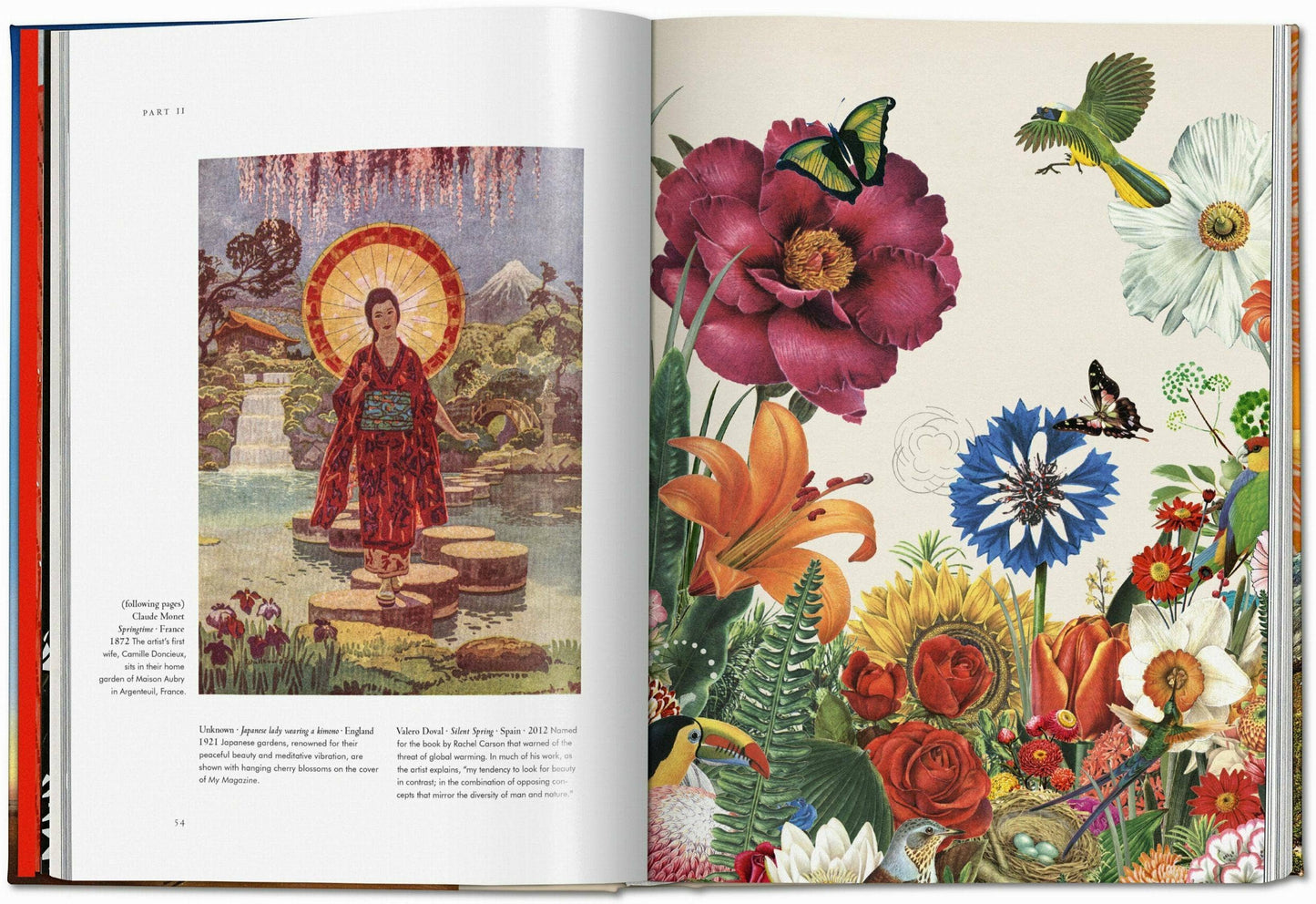 Open book with illustrations of a woman in a red robe, flowers, and birds.
