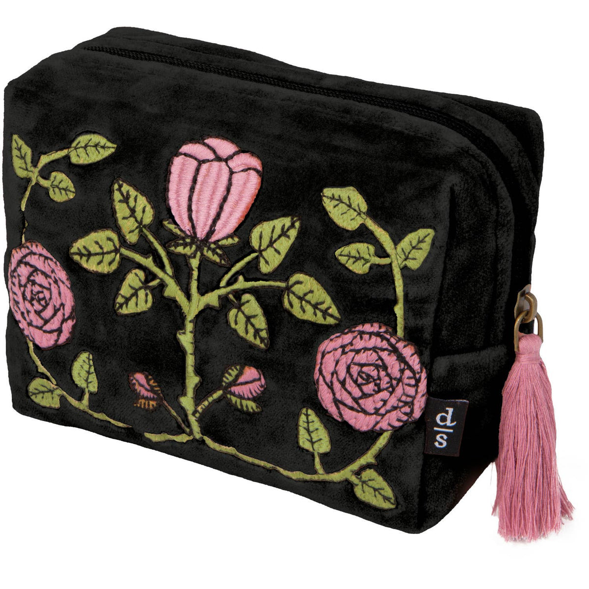 Black pouch with pink floral embroidery and a tassel on a white background
