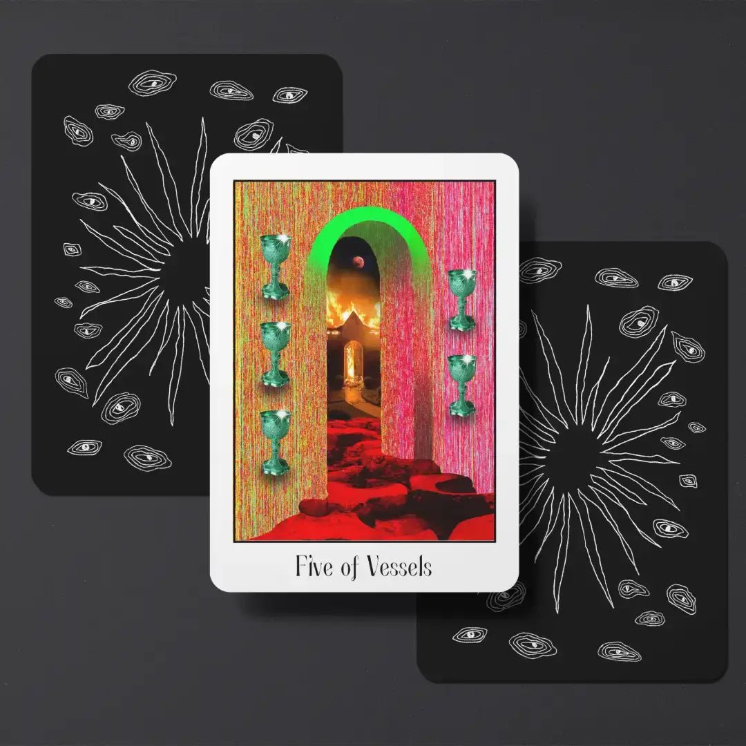 Tarot card titled 'Five of Vessels' with decorative black cards on a dark background