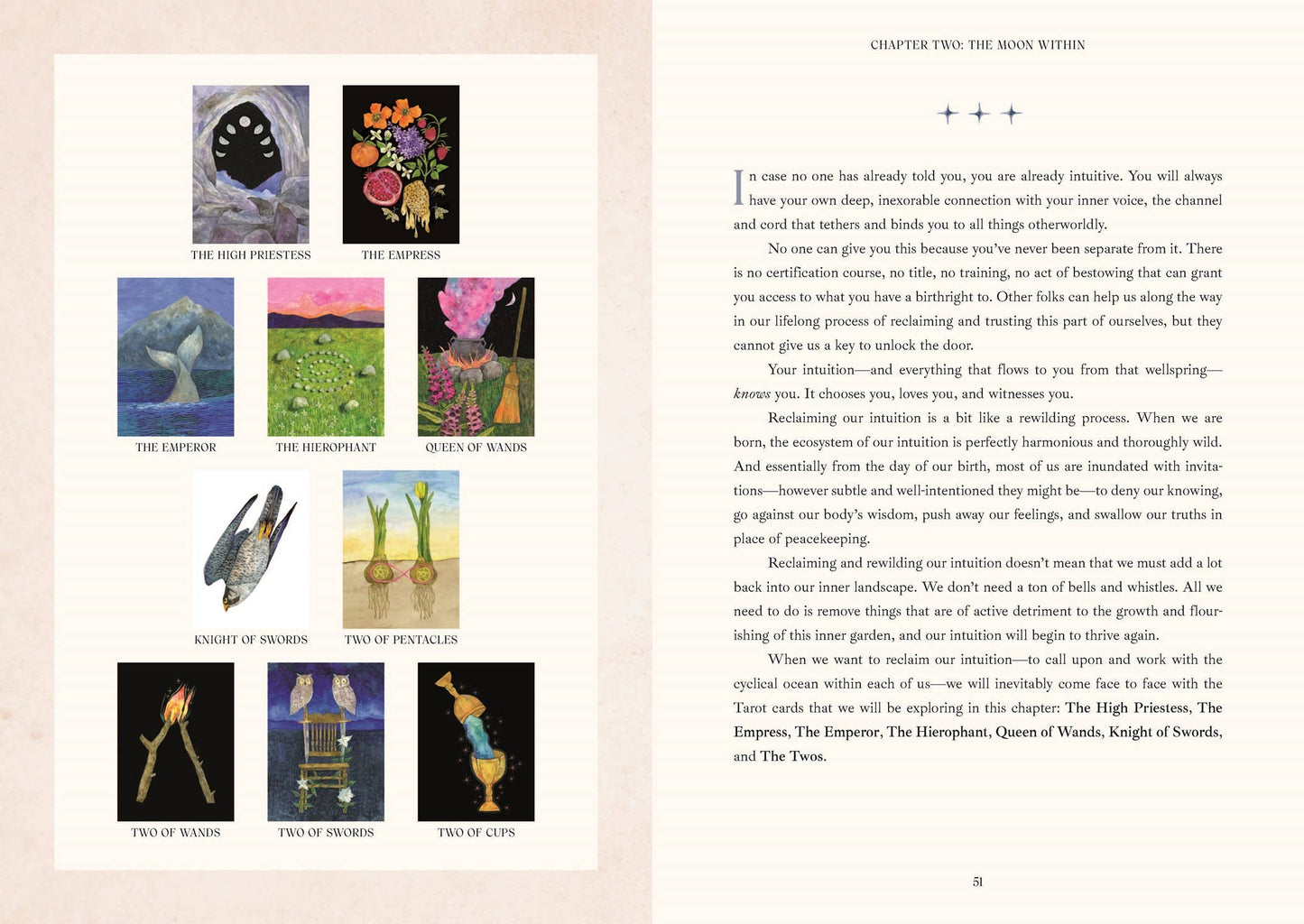 Book page with tarot card illustrations and text on a light pink background