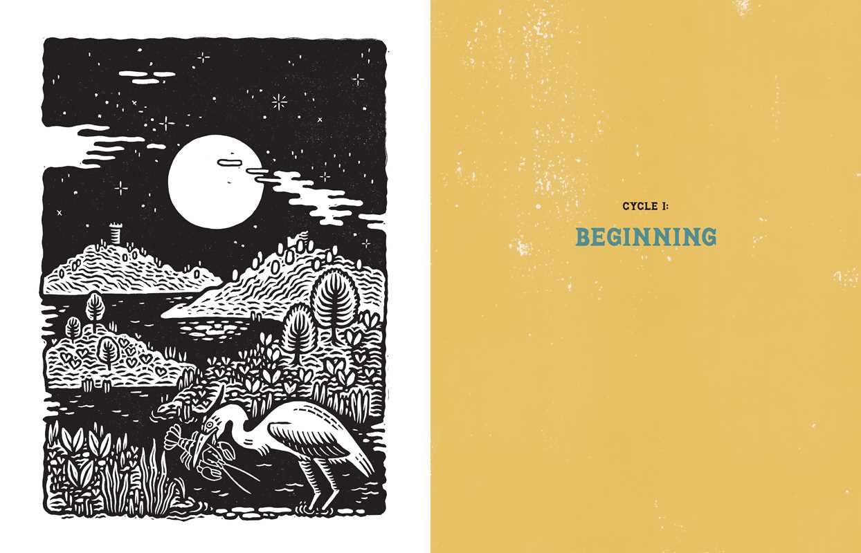 Illustration of a landscape with a bird and moon on a black background, transitioning to a yellow background with text.