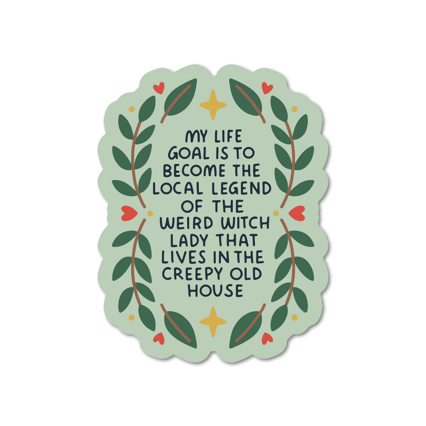 Decorative sticker with text and leaf design on a light green background