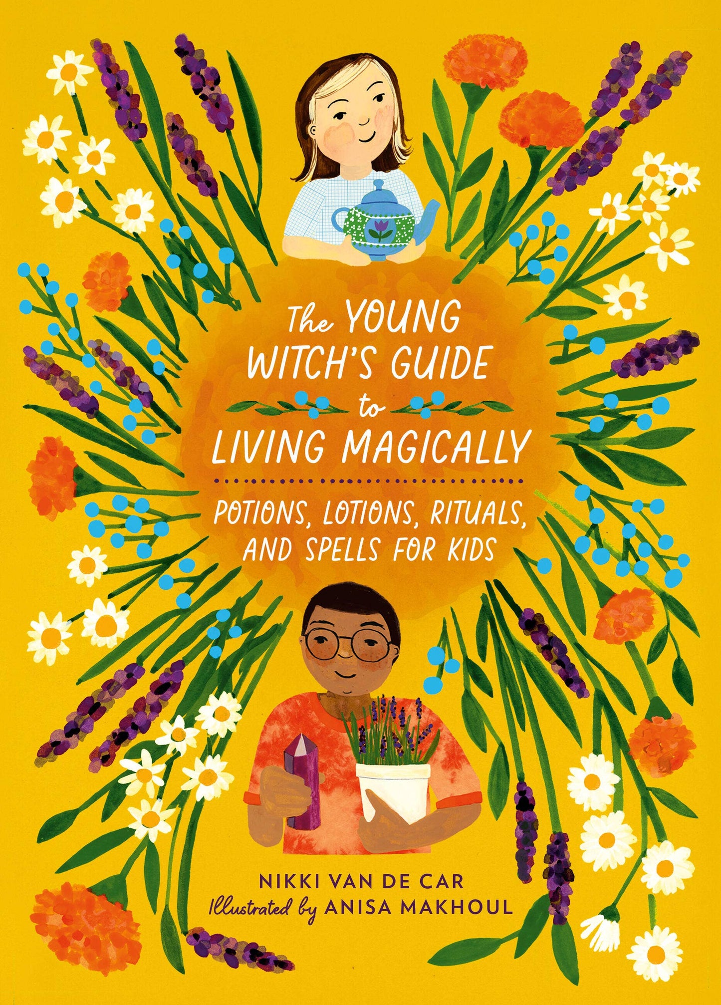 Book cover of 'The Young Witch's Guide to Living Magically' with illustrations of two children and floral elements on a yellow background.