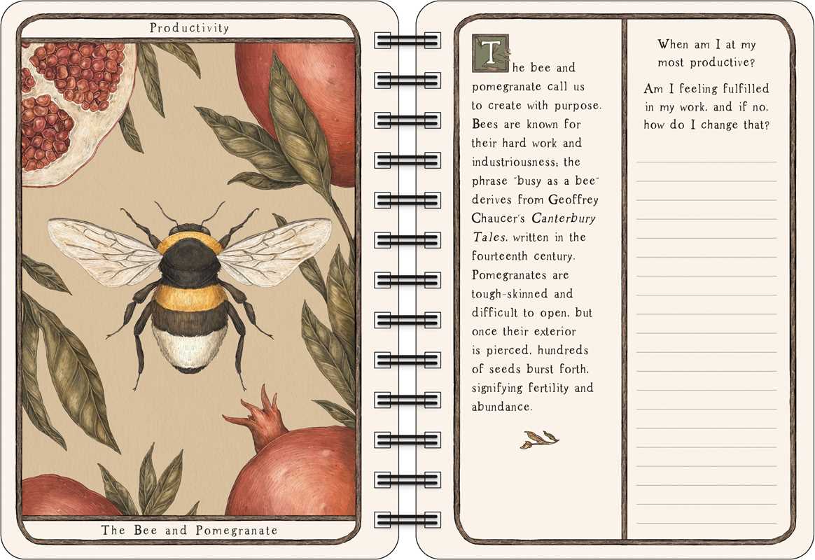 Open notebook with illustrations of a bee and pomegranate, and text on productivity.