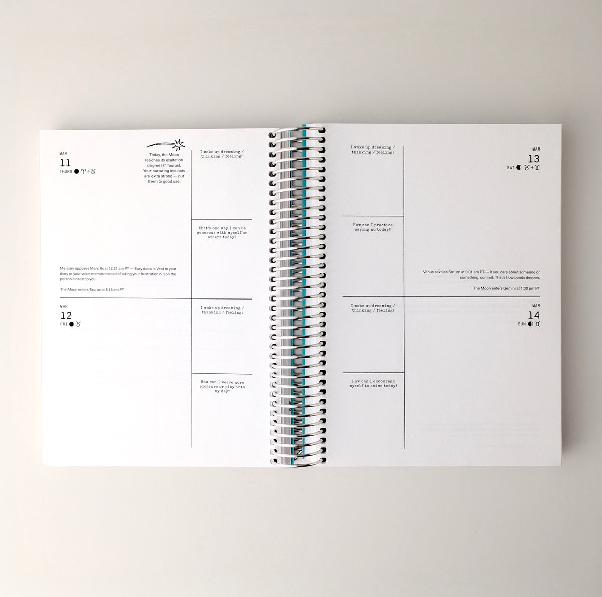 An open spiral-bound planner or notebook spread on a light neutral background, showing two white pages with black text boxes, lines, and small decorative elements.