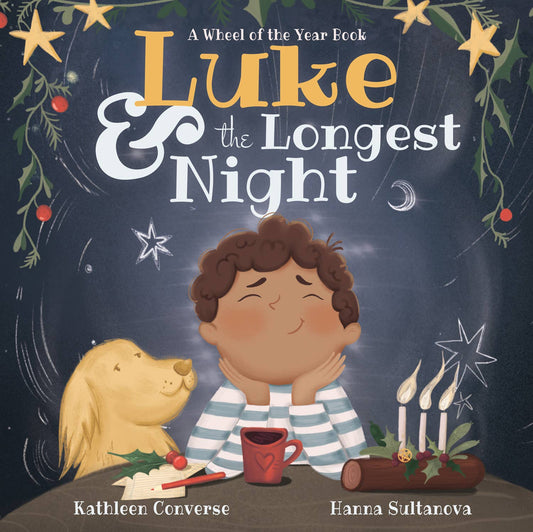Book cover of 'Luke & the Longest Night' with a boy and dog sitting at a table.