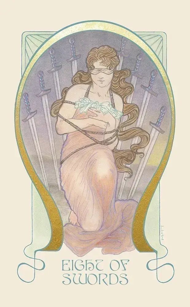Art Nouveau-style card featuring a woman with blindfolded eyes surrounded by swords.