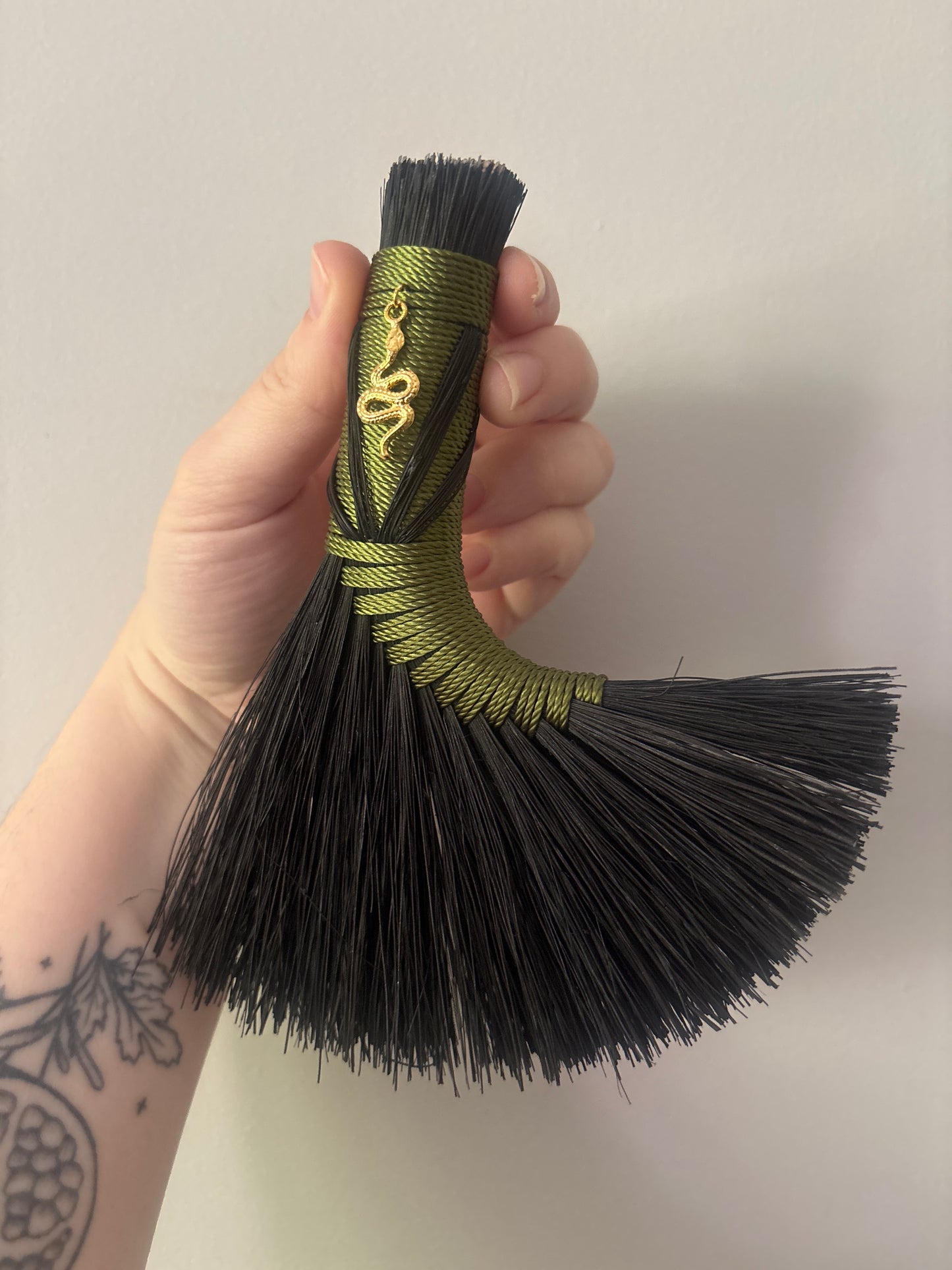Black and Green Turkey Tail Handbroom with Snake Talisman 6"