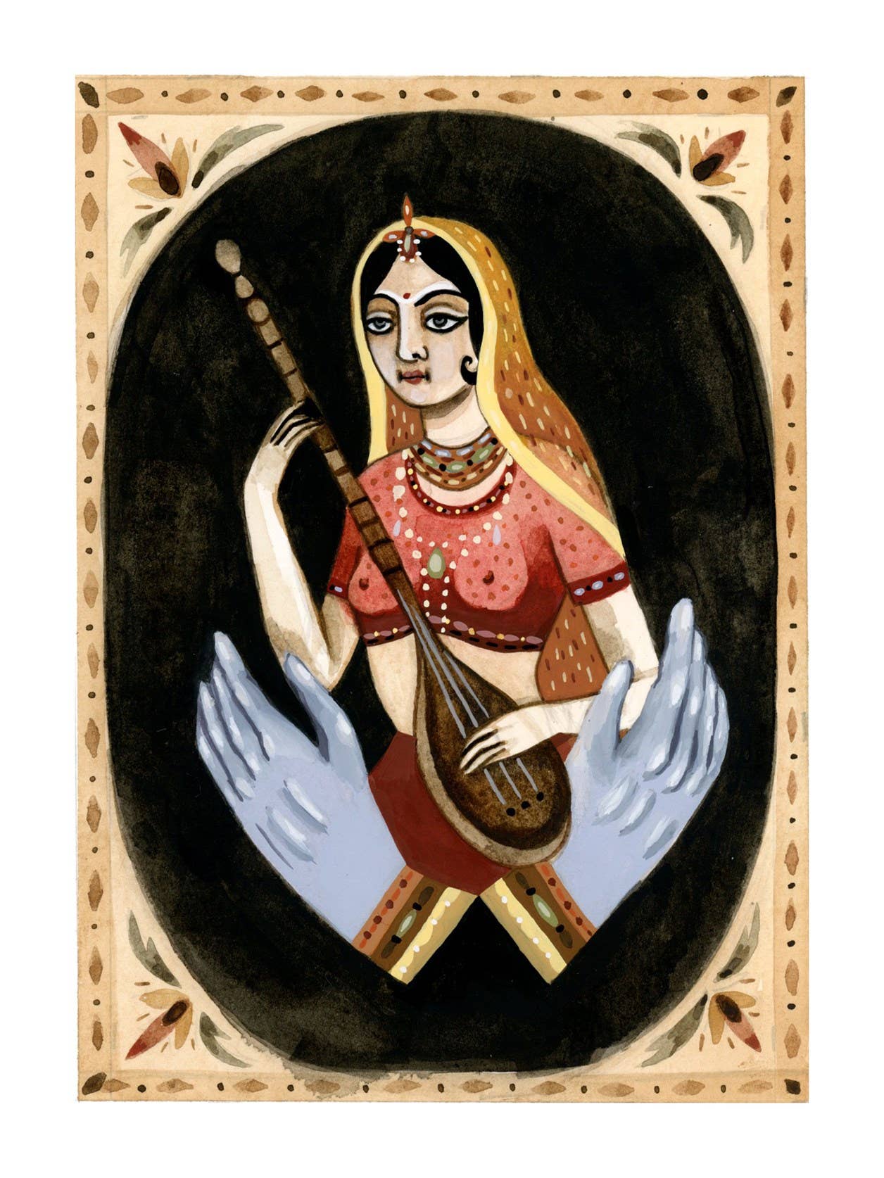 Artistic depiction of a woman playing a stringed instrument with decorative elements.