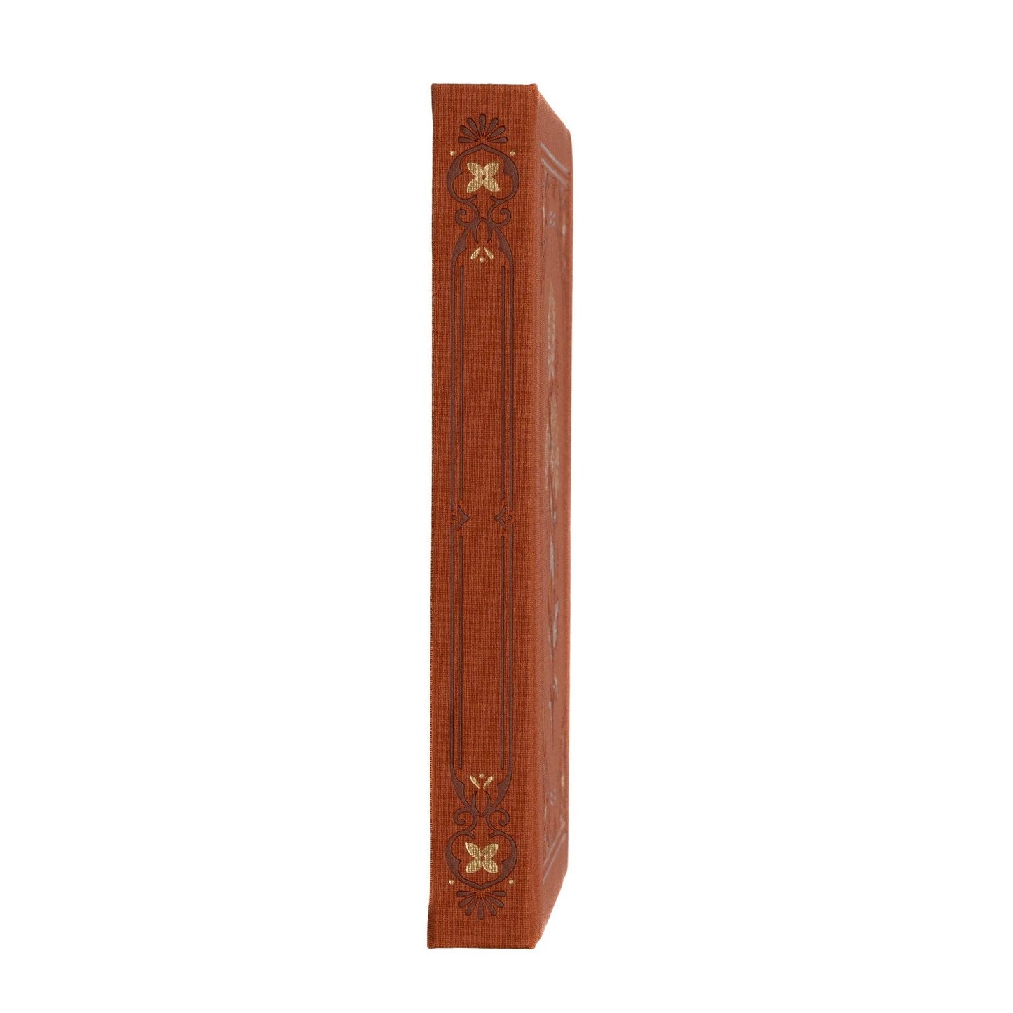 Decorative book spine with intricate carvings on a white background