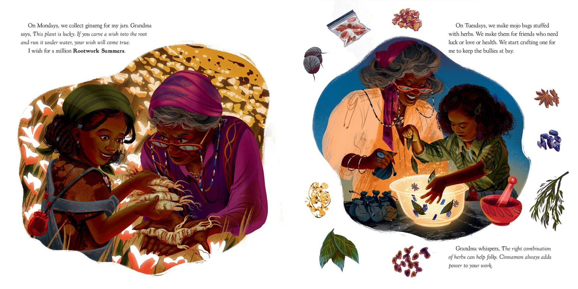 Illustrated book pages showing a woman and child working with plants, surrounded by nature.