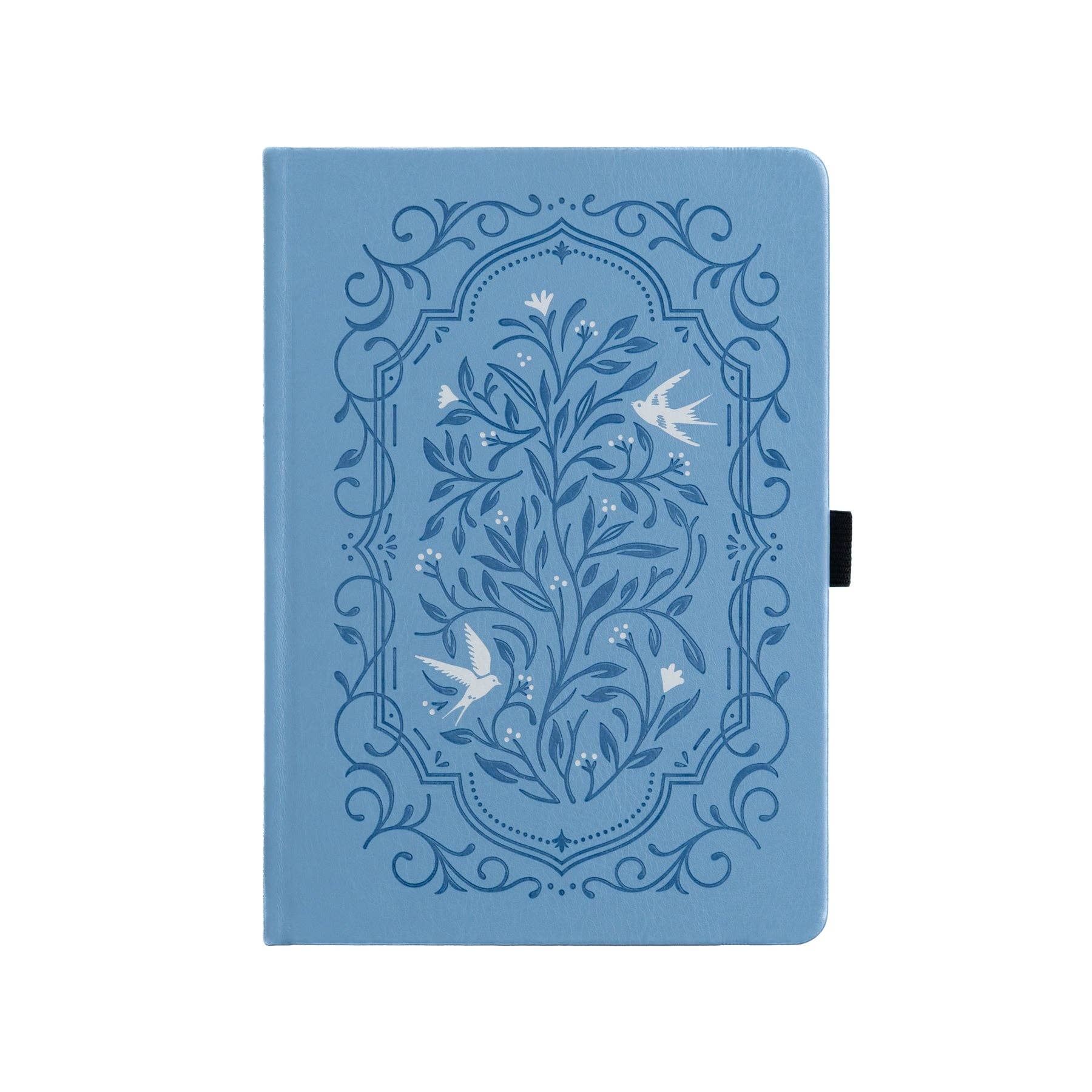 Blue notebook with floral and bird design on a white background