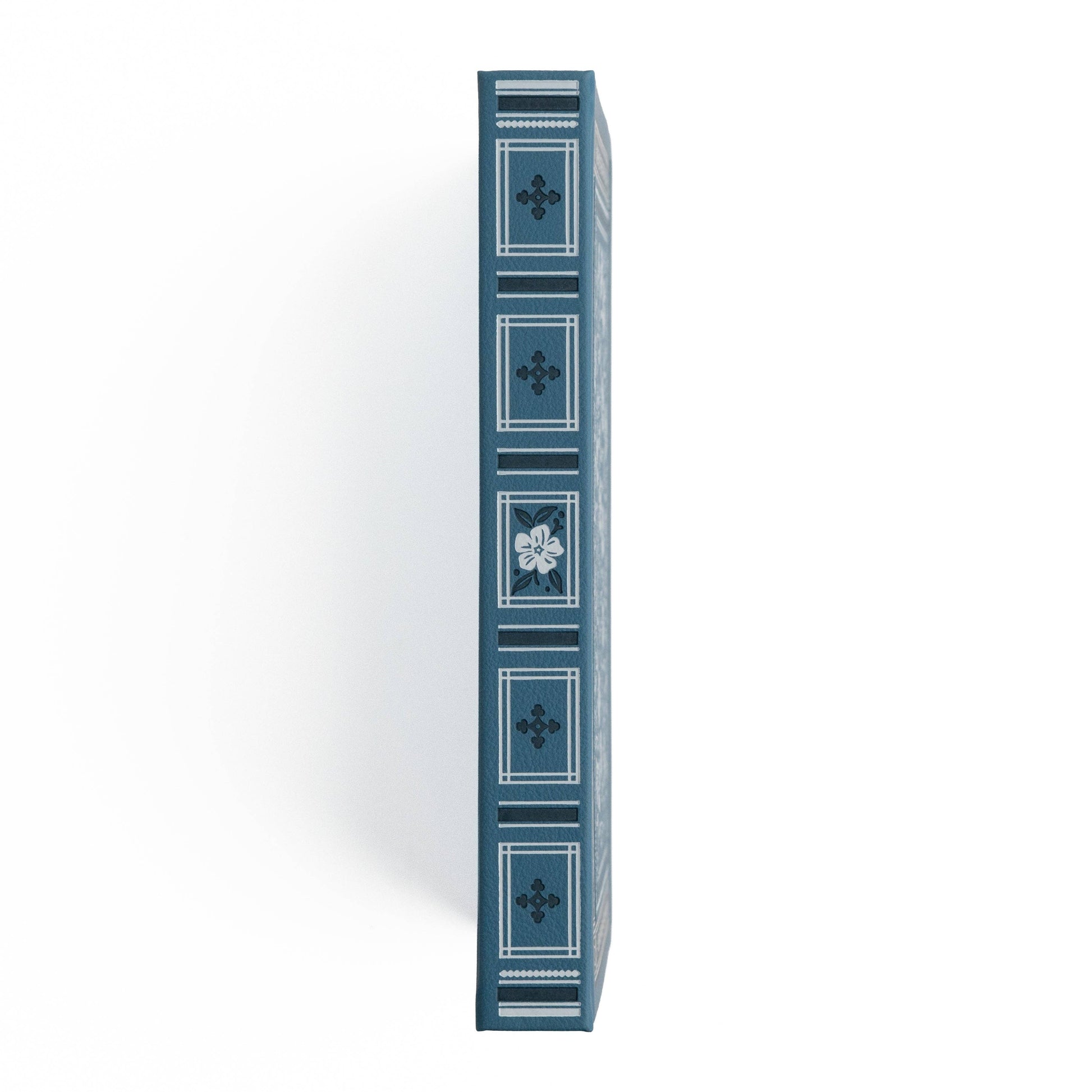 Blue decorative box with floral patterns on a white background