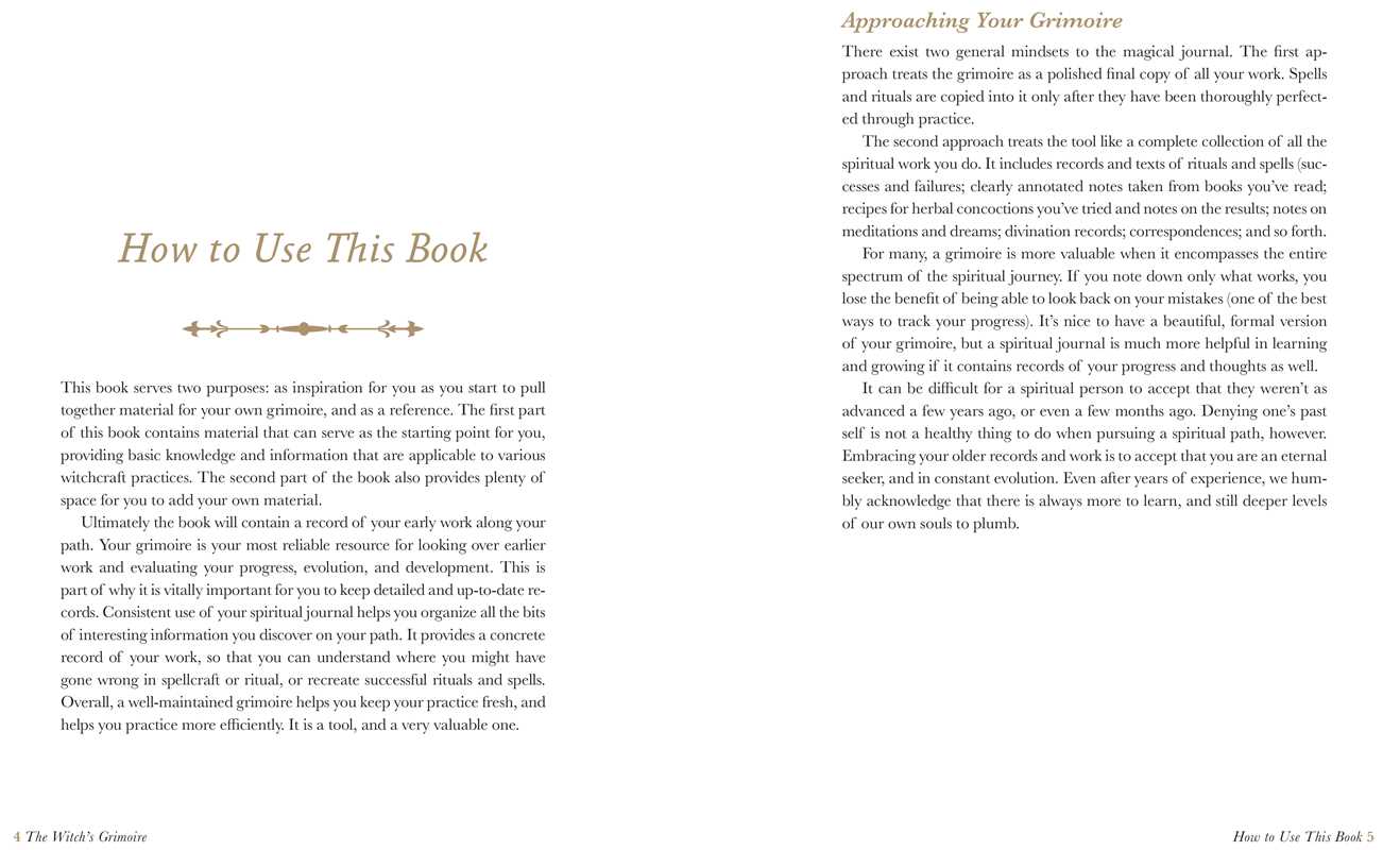Book page with text on using a grimoire and approaching it, with decorative elements.
