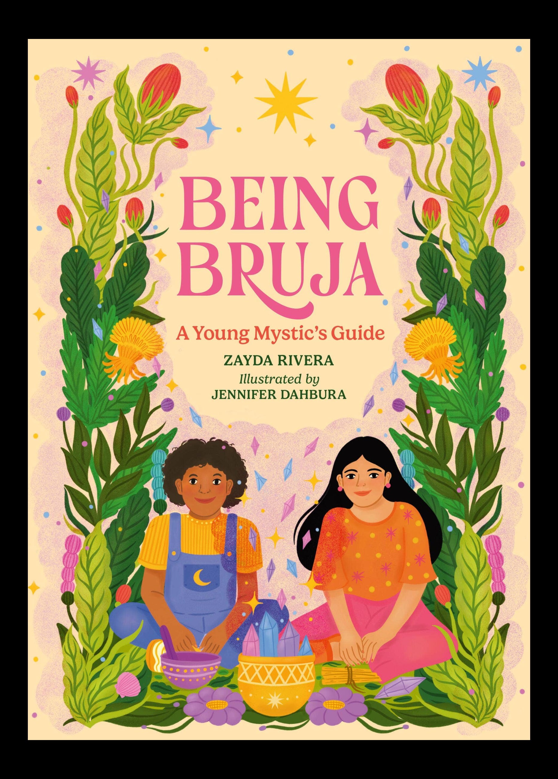 Book cover of 'Being Bruja' with two women and floral elements on a pink background