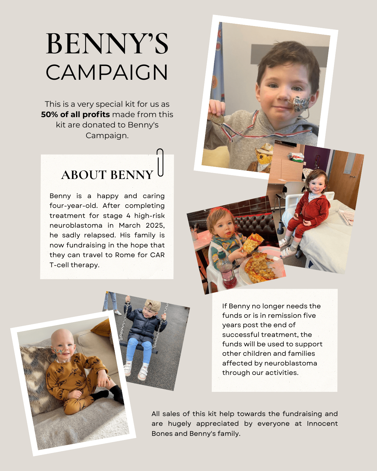 Promotional flyer for Benny's Campaign with images of a young boy and text about his fundraising efforts.
