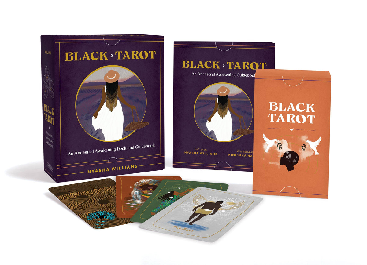 Black Tarot card set with packaging on a white background
