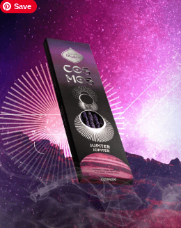Product packaging with a cosmic design on a purple and pink gradient background