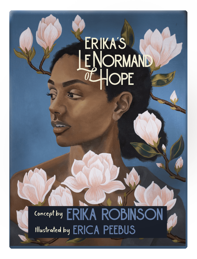 Card deck cover with a woman's face surrounded by flowers and text 'Erika's Le Normand of Hope' on a blue background.