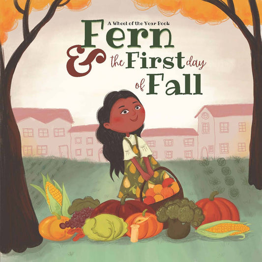 Book cover of 'Fern and the First Day of Fall' with a girl holding pumpkins and vegetables.