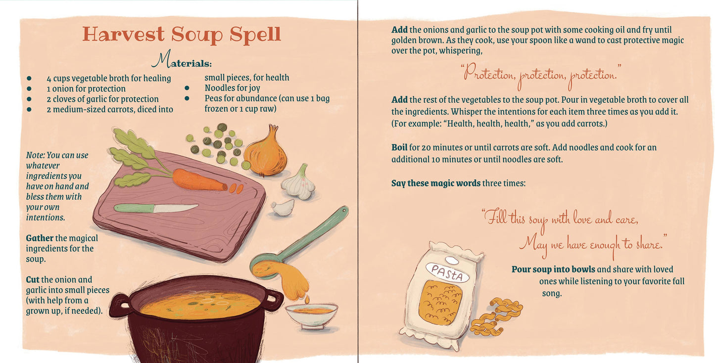 Magical recipe card for 'Harvest Soup Spell' with ingredients and instructions.