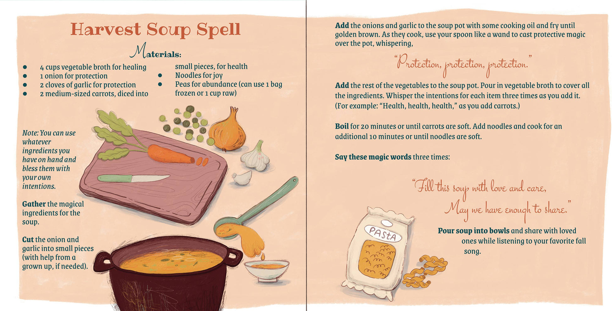 Magical recipe card for 'Harvest Soup Spell' with ingredients and instructions.