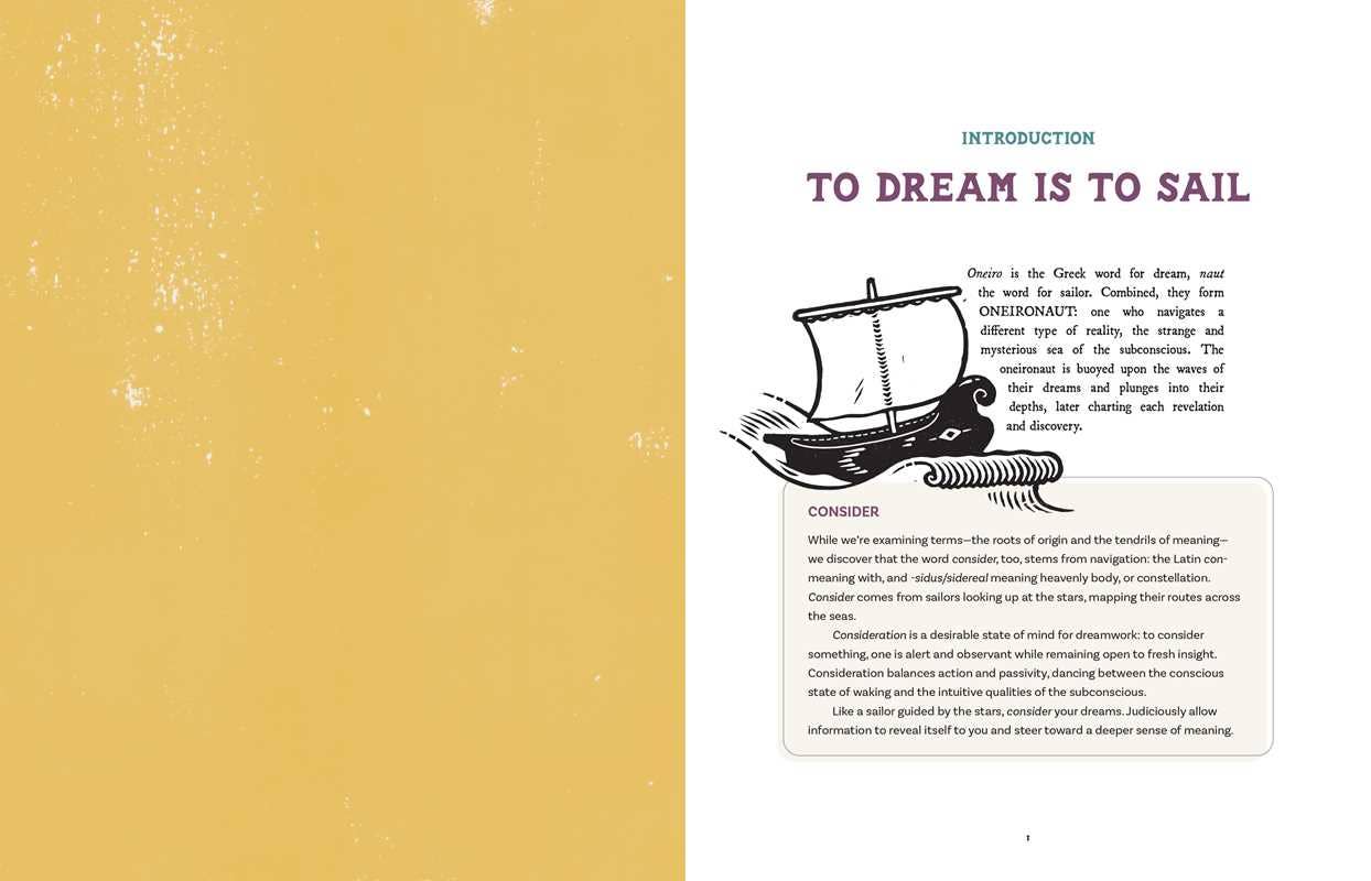 Book page with text 'To dream is to sail' and a ship illustration on a yellow and white background.