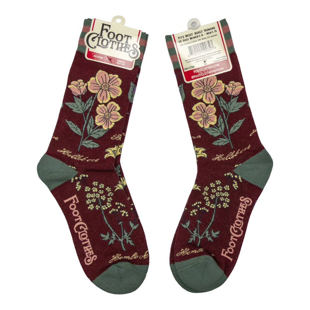 Pair of maroon socks with floral design and 'Foot Clothes' branding on a white background.
