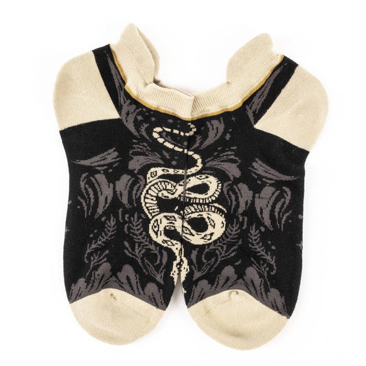 Black ankle socks with white snake design on a white background