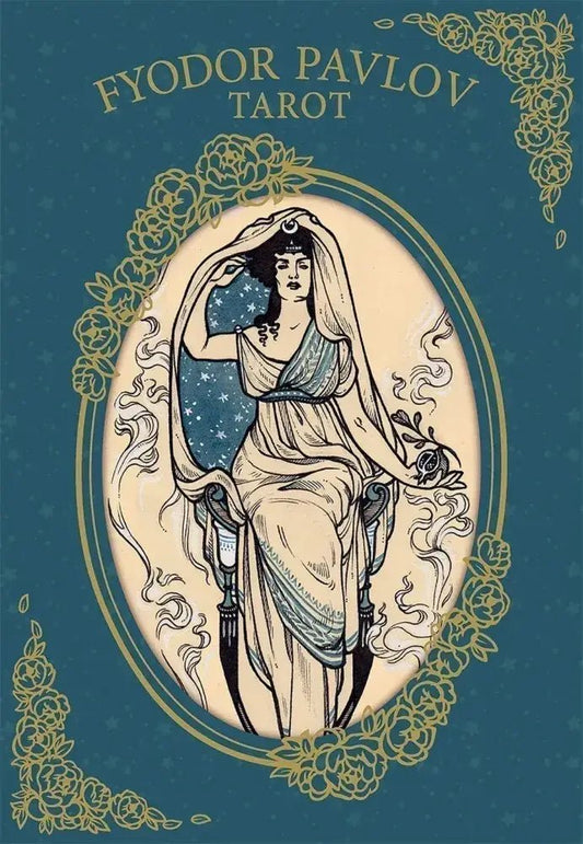 Cover of 'Fyodor Pavlov Tarot' with an illustration of a woman in a classical style on a blue background.