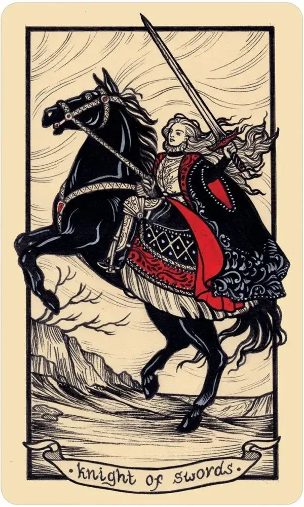 Card featuring a knight on horseback with a sword, labeled 'Knight of Swords'.