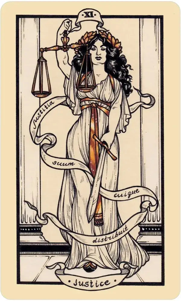 Tarot card featuring the Justice card with a classical design.